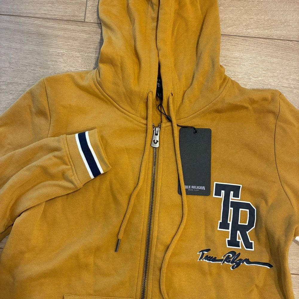NWT True Religion Women’s Collegiate Zip Up Hoodie Yellow Size L